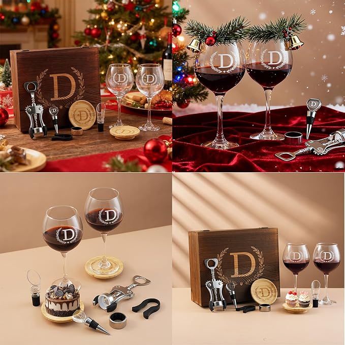 GZLDGIFTS Personalized Initial Wine Glasses Box Gift Set For Women Mom Engraved Birthday Monogrammed Wooden Christmas Gifts Wedding Anniversary Wine Couples Stopper Opener Initial Letterr (T Set)