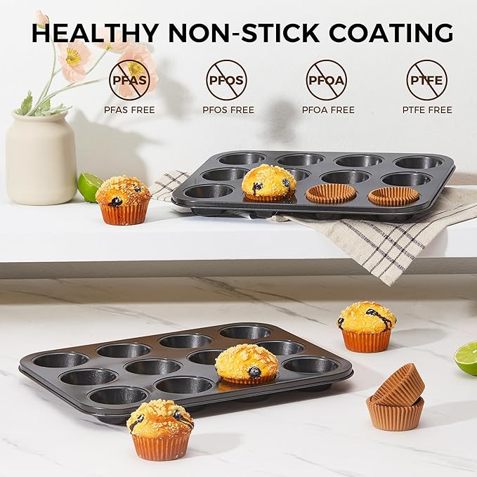 HONGBAKE Muffin Pans with 120 Natural Liners, Nonstick 12 Cup Cupcake Baking Tray, Premium Standard Size, 2 Pack, Dark Grey