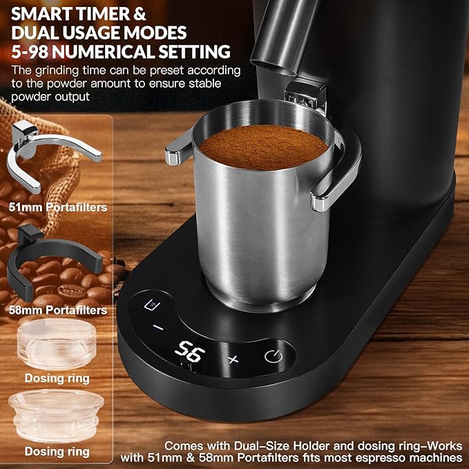 Coffee Grinder, Rechargeable Cordless Stainless Steel Conical Burr Coffee Bean Grinder with Air Blower, 60 Grind Settings, Anti-Static, Compact & Quiet for Home,Office, Camping Use, Black