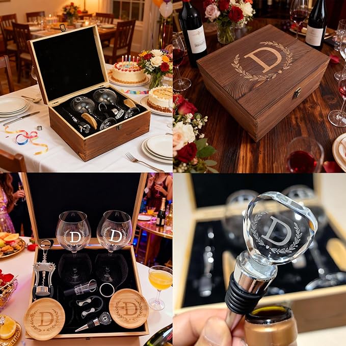 GZLDGIFTS Personalized Initial Wine Glasses Box Gift Set For Women Mom Engraved Birthday Monogrammed Wooden Christmas Gifts Wedding Anniversary Wine Couples Stopper Opener Initial Letterr (Y Set)