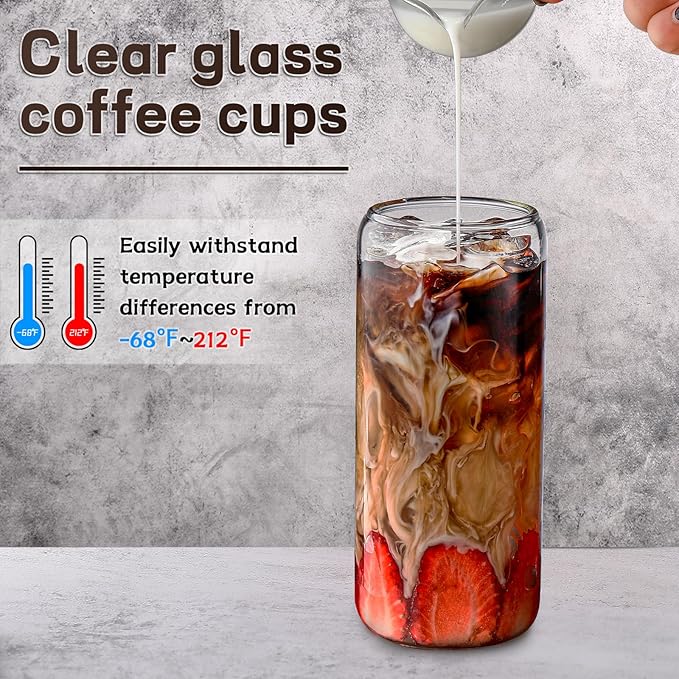 DWTS DANWEITESI Glass Cups “20oz”,Glass Cups with Lids and Straws 4 pcs-Coffee Cups,Drinking Glasses Set,Glass Tumbler with Straw and Lid Gift 2 Cleaning Brushes