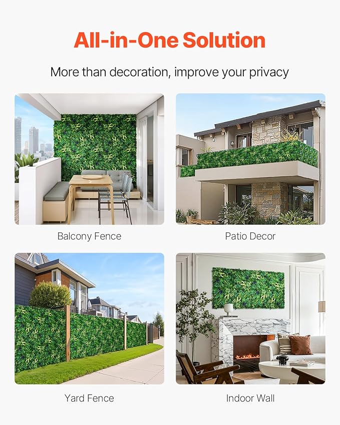 VEVOR Artificial Grass Wall Panels, 8 PCS 20 x 20 inch, 3D Combination Greenery Boxwood Panel for Indoor Outdoor Green Decor & Ivy Fence Covering, Privacy Backdrop Wall Hedge Screen for Garden