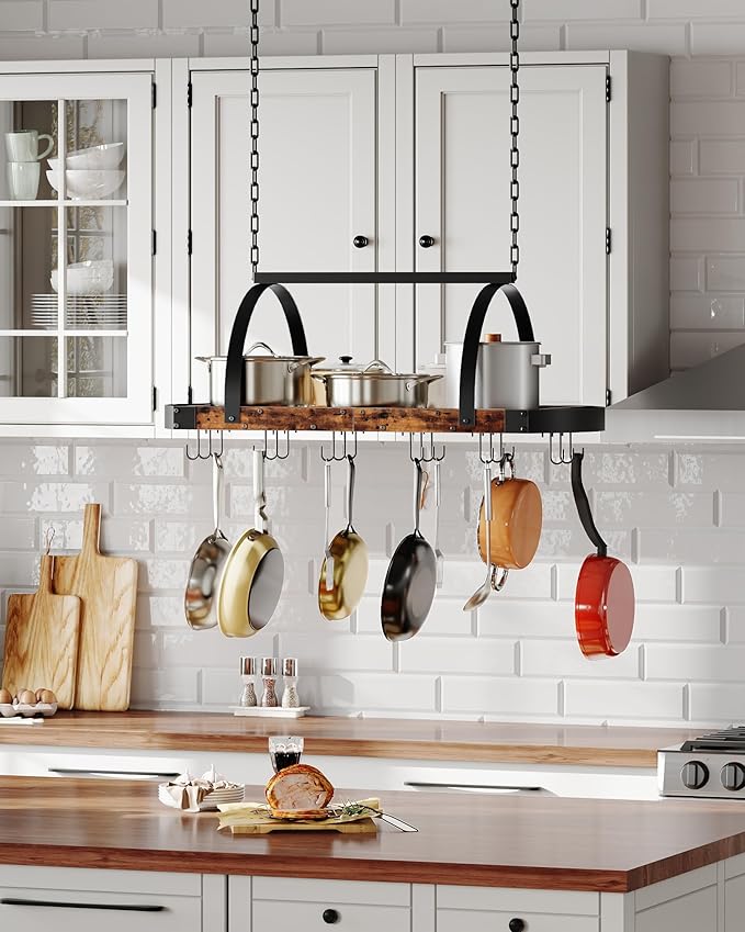 CHOEZON Hanging Pot Rack, Pot Hanger for Kitchen, Ceiling Mounted Pot Holder, Cookware Organizer with 18 S-Shaped Hooks, for Pot, Pan Storage, Space-Saving, Rustic Brown and Black TPR18BF