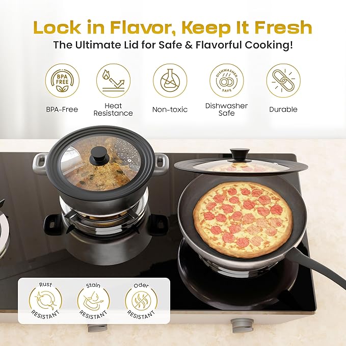 LSR Loreso Universal Pan Lid for Pots Pans and Skillets 7.5-11.5 Inch - Tempered Glass Pot Lid Set with Auto-Sizing Silicone Rim, 2 Pack Black