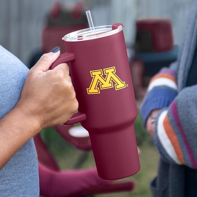 Logo Brands NCAA 40 oz Tumbler with Handle -Stainless Steel Insulated Travel Tumbler with Straw Lid – Powder Coated, Leak-Resistant, Keeps Drinks Hot/Cold – Great for Tailgating, or Everyday Use