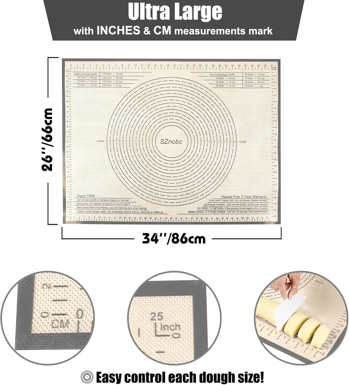 Silicone Pastry Mat 26x34 Inch Baking Mat with Measurement, Perfect for Dough, Pastry, Pie Crust, Fondant, Cookies, Bread, Pasta, Pizza, Food Grade Kitchen Counter Mats
