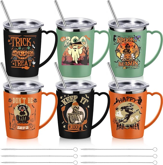 6 Pcs Halloween Coffee Mugs Cups 16 oz Halloween Stainless Steel Insulated Tumblers Bulk with Handle Lid Straw Brushes Spooky Ghost Face Monster Black Cat Mugs Trick or Treat Gifts