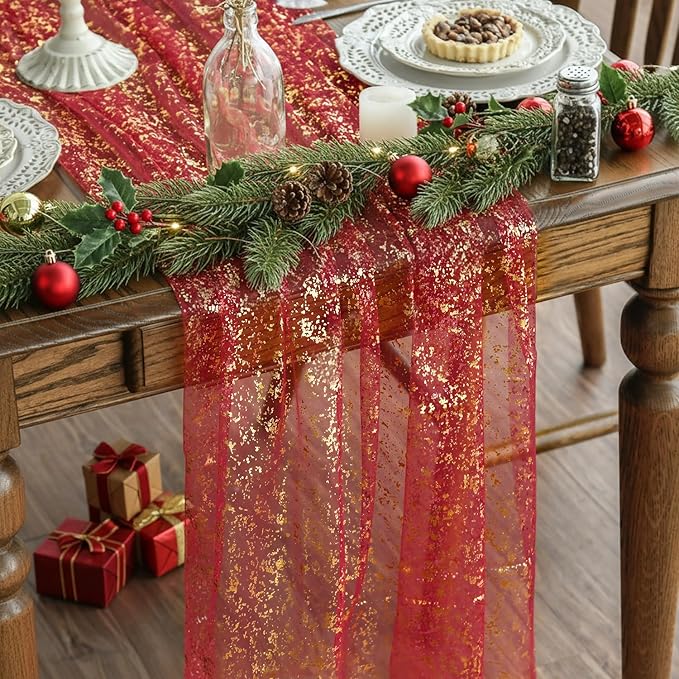 Artoid Mode 6PCS Red Gold Gauze Table Runner 120 Inch 10FT, Glitter Metallic Foil Sheer Dining Wedding Anniversary Holiday Table Decor for Home Party