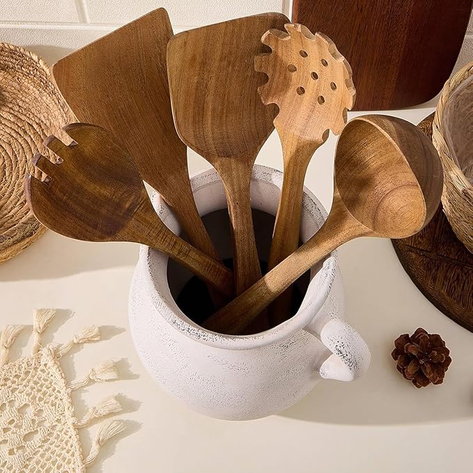 MIYUKI Rustic Kitchen Utensil Holder - 7.6 Inch Ceramic Utensil Crock for Countertop, Vintage Kitchen Counter Decor