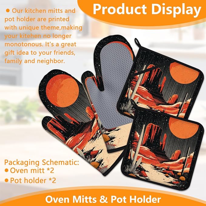Sunset Western Oven Mitts and Pot Holders Sets 4Pcs Silicone Non-Slip Mitts Heat Resistant Gloves Hot Pads for Kitchen Cooking Baking Grilling BBQ