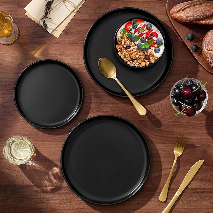 E-far 12-Piece Stoneware Plates and Bowls Sets, Dinnerware Sets for 4, Ceramic Dishware Dishes Set with Terracotta Base, Chip & Scratch Resistant, Microwave & Dishwasher Safe, Matte Black