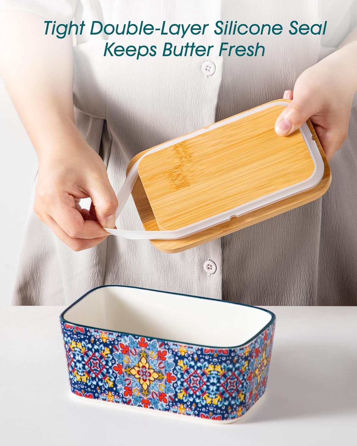vancasso SIMI Butter Dish with Lid, 6.5" Large Butter Dish for Countertop, Bohemian Ceramic Butter Keeper Container with Knife and Bamboo Lid, Butter Holder for Counter, Twilight Bloom