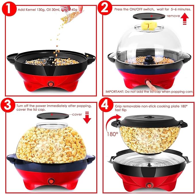 TLGREEN 6 Quart Popcorn Machine - 24 Cups, Stir Crazy Popcorn Popper Machine, Electric Hot Oil Popcorn Maker Machine, with Nonstick Plate & Stirring Rod, Large Lid as Serving Bowl and 2 Measuring Cups