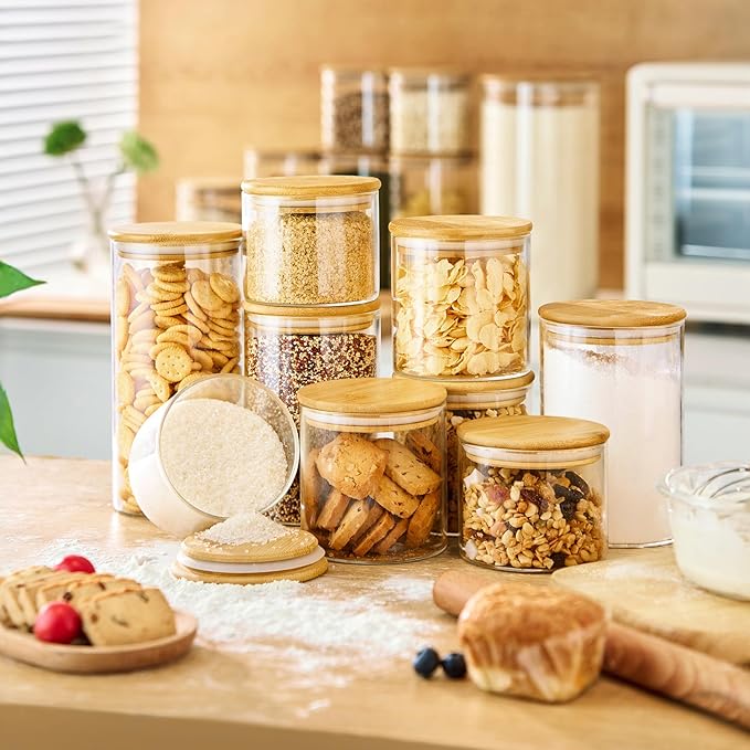 HomArtist Glass Jars with Bamboo Lids 28 floz [Set of 8], Glass Canisters with Airtight Lids, Glass Food Storage Containers for Pasta, Oats, Coffee, Flour, Sugar, Rice, Best for Kitchen & Pantry