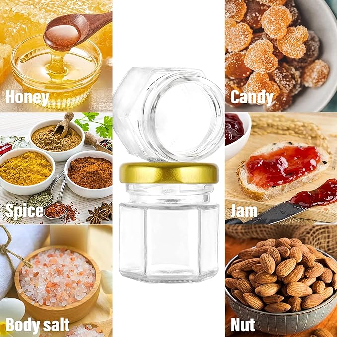 GIVAMEIHF Mini Glass Honey jars-1.5 oz,60pcs Hexagon Honey Jars with Wood Dipper,Stickers,Bee Pendants,Tags,Rope,Small Honey Jars with Lids,Perfect for Wedding Favors,Jams,Baby Shower,Party Favors