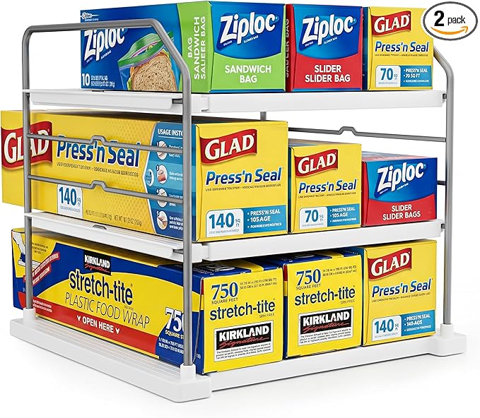EVERIE Extendable 3-Tier Kitchen Cabinet & Pantry Organizer for Plastic Wrap, Foil & Storage Bags, Adjustable Heavy Duty Shelf Rack for Wrap Boxes, Jars & Snack Boxes (11–16.7 in Wide), Pack of 2
