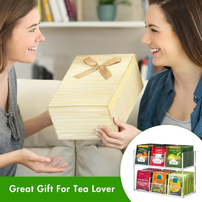 BEYGORM Acrylic Tea Bag Organizer for Tea Packets, No Assembly Required Display Holder for Countertop, Vertical Tea Bag Caddy for Cabinet, Tea bar Accessories, Teabags Storage Containers