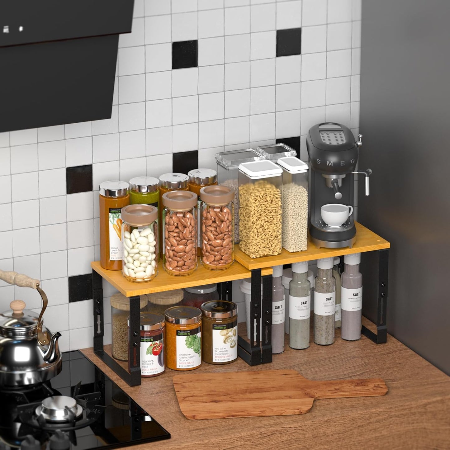 Expandable Kitchen Cabinet Organizer Shelves – Stackable Adjustable Metal and Wood Storage Racks for Countertop, Pantry, Garage Set of 2 Spice Rack – Easy Assembly, Space-Saving(2 Packs/Medium/Black)
