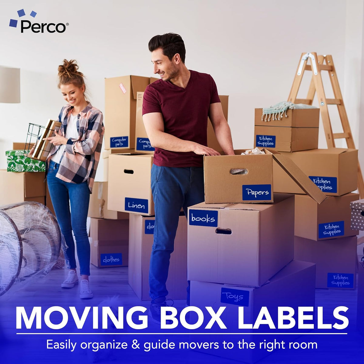Perco Dark Blue Labels 3x5 Inch 500 Stickers/Roll with Easy Peel Perforation and Strong Adhesion for Inventory Management, Color Coding, Moving Boxes, Retail, Organizing & Crafts – Made in USA