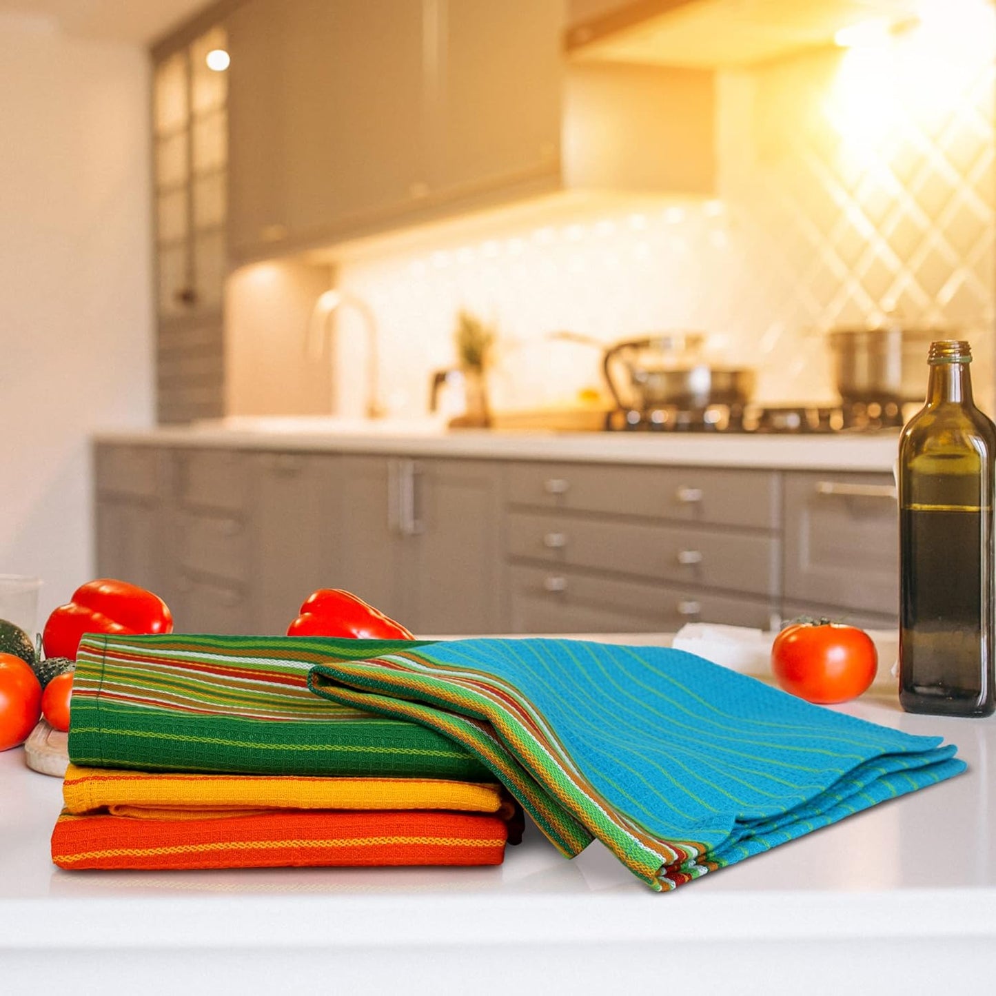 Urban Villa Salsa Stripe Kitchen Towels 100% Cotton Dish Towels for Kitchen Multi Color Highly Absorbent Multi-Purpose Waffle Dish Cloths for Cleaning Soft Hand Bar Towels 20x30 Inches (Set of 12)