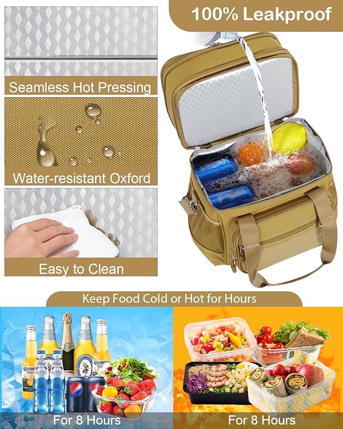 GLENKEY Tactical Lunch Box Cooler Bag - Expandable Insulated Lunch Bag for Men Women - Large Lunchbox for Adults Work Shifts Outdoor Trips Brown 16L