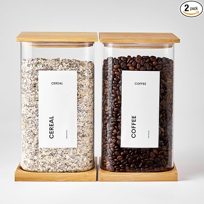 Glass Storage Jars with Bamboo Lids, 100oz Square Food Storage Containers for Kitchen Pantry Organization, Storage Canisters with Labels for Cereal Flour Beans Tea, Large Spice jars Seasoning Bottles