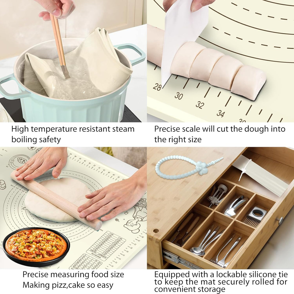 Silicone Baking Mat 24" x 16", Extra Thick Silicone Pastry Mat with Measurements and Edge Heightening, Non-stick Food Grade Dough Rolling Matfor for Pastry, Bread, Cookies, Pizza, Fondant, Pasta
