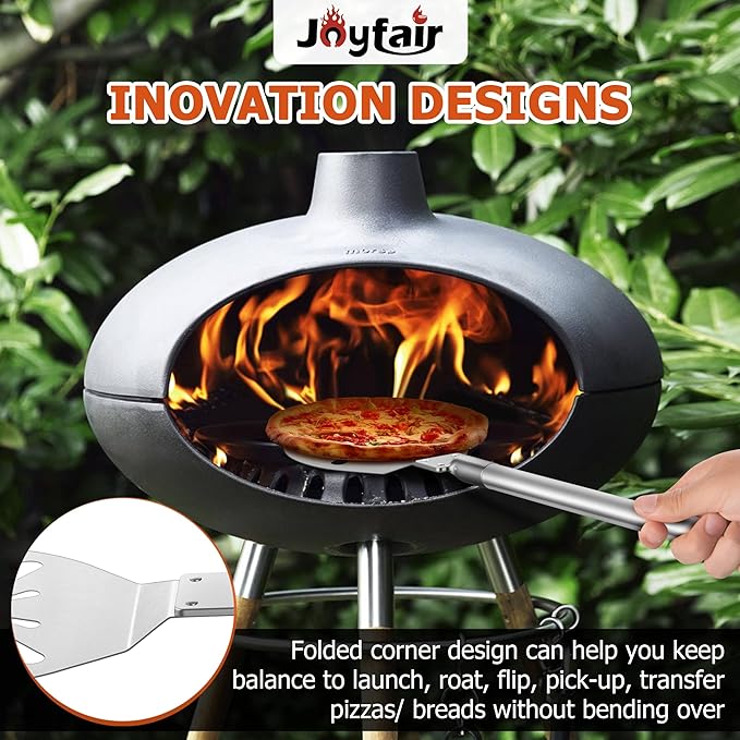 8 Inch Pizza Peel Turning, Joyfair Perforated Pizza Turner with Long Detachable Handle, Stainless Steel Spatula Paddle for Rotating Sliding, Metal Tools Oven Accessories, Easy Cleanup (SS Handle)