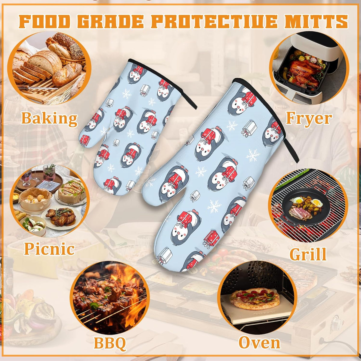 Christmas Cute Penguin Oven Mitts and Pot Holders Set,Snowflakes Kitchen Decor Heat Resistant Non Slip Hot Pads and Oven Mitt for Chef Cooking Baking BBQ Mom Girl Gifts(4 Piece Set)