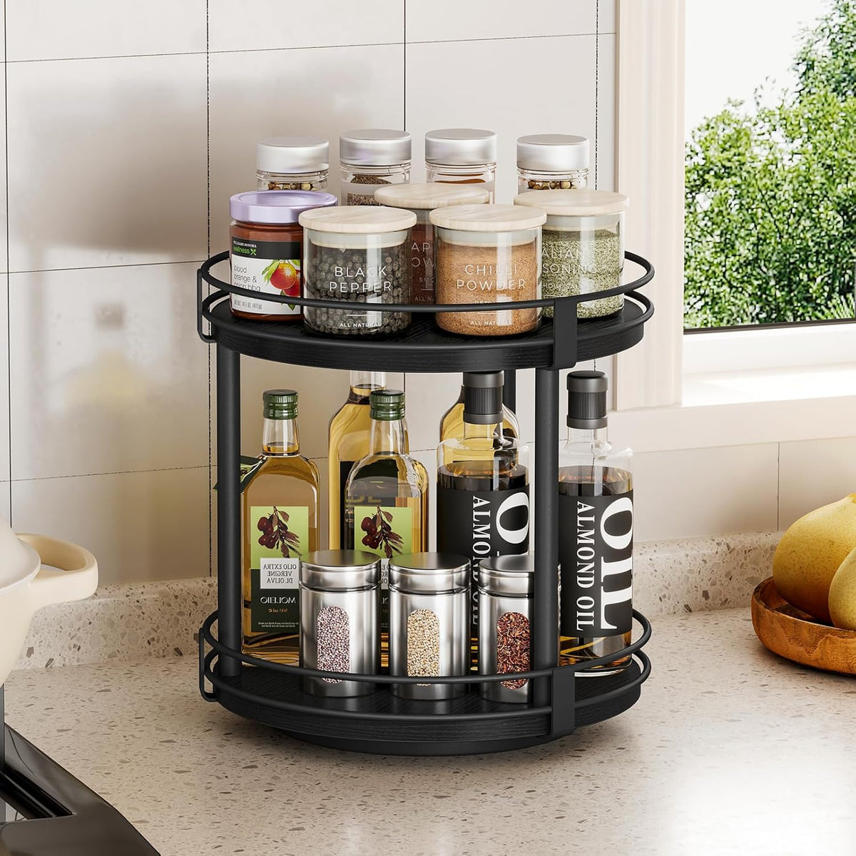 Snughome Lazy Susan Spice Rack, 2 Tier Rotating Spice Rack, Wood Lazy Susan Organizer for Cabinet, Black Kitchen Counter Shelf, 10.2" x 10.2" x 10.4"