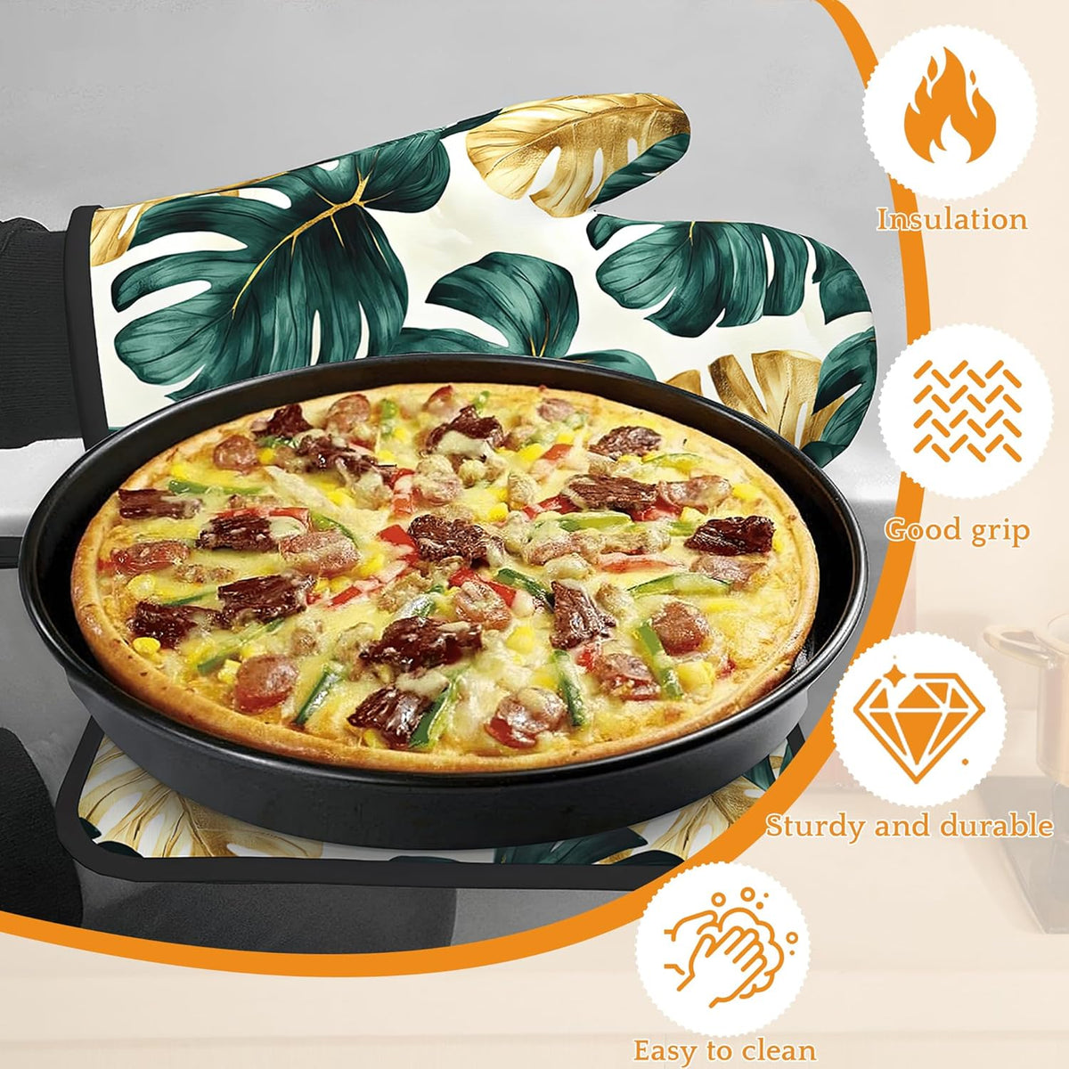 Palm Leaf Golden Tropical Oven Mitts and Pot Holders Set,Kitchen Decor Heat Resistant Non Slip Hot Pads and Oven Mitt for Chef Cooking Baking BBQ Mom Girl Gifts(4 Piece Set)