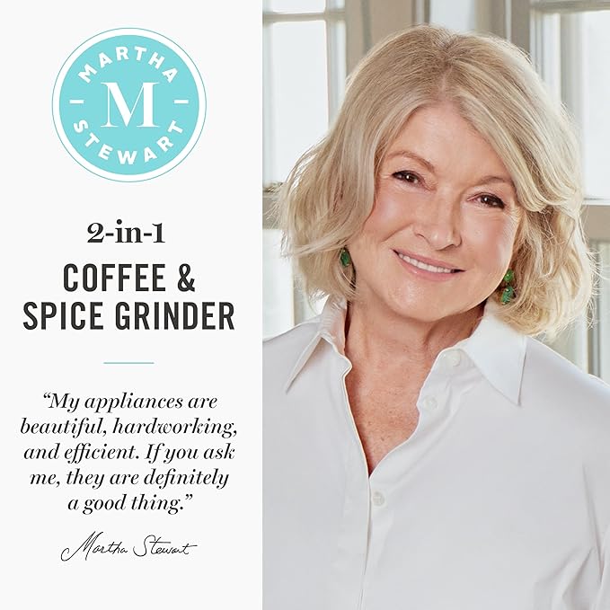 Martha Stewart Electric Coffee & Spice Grinder, Dual 2.5oz Removable Bowls, Storage Lids, Stainless Steel Blades, One Touch Pulse Control, 2-in-1 Compact, Beans & Spices, Herbs & Nuts, Linen White