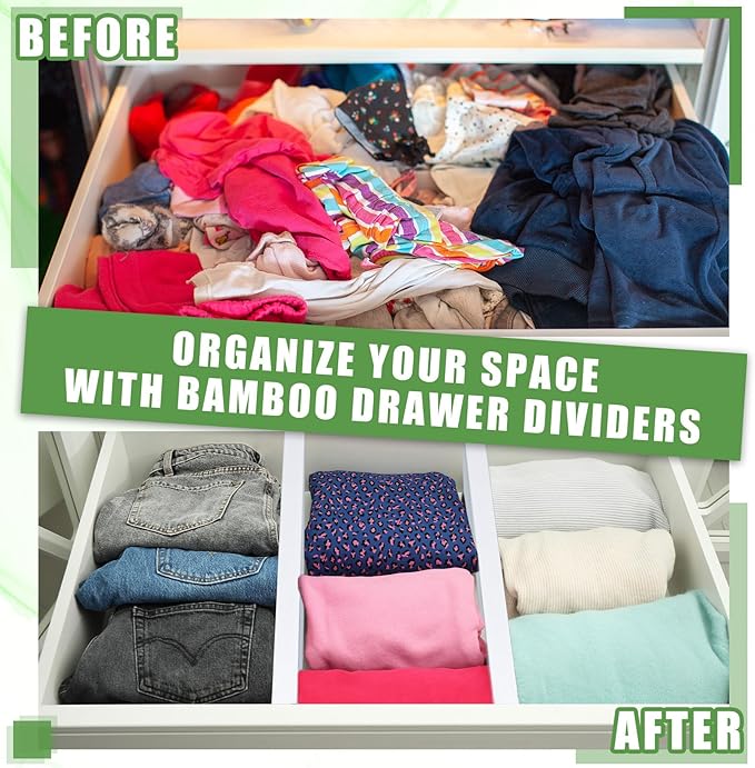 DoubleFill 4 Pcs Deep Bamboo Drawer Dividers, Deep Kitchen Dresser Drawer Organizer with Spring Loaded for Clothes, Adjustable Expandable from 15-22 Inch(6 Inch,White)