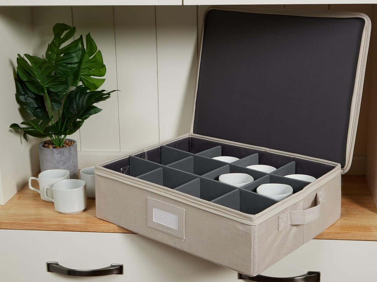 Covermates Keepsakes Dish Storage Box - Stackable, Reinforced Handles, China Storage, Beige Heather