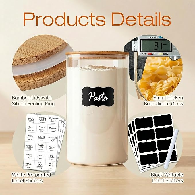 HomArtist Glass Jars with Bamboo Lids 28 floz [Set of 8], Glass Canisters with Airtight Lids, Glass Food Storage Containers for Pasta, Oats, Coffee, Flour, Sugar, Rice, Best for Kitchen & Pantry