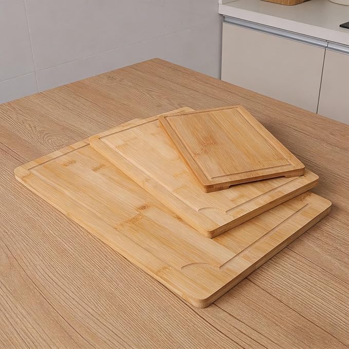 Chopping Board,3Pcs Wooden Cutting Boards with Built in Handles Liquid Grooves for Kitchen Meat Vegetable