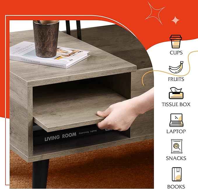 WLIVE Lift Top Coffee Table for Living Room,Small Coffee Table with Storage, Adjustable Shelf and Storage Compartment, Mid Century Modern Living Room Table, Greige