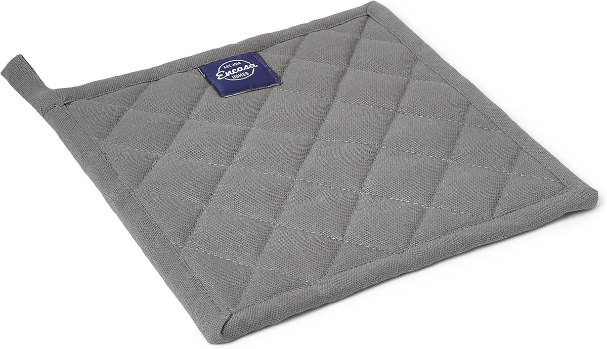 Encasa XO Heat Resistant Cotton Pot Holders with Hanging Loop - Set of 2 - Grey - Multipurpose Quilted Everyday Hot Pad for Kitchen, Camping, BBQ & Microwave - 8x8 in