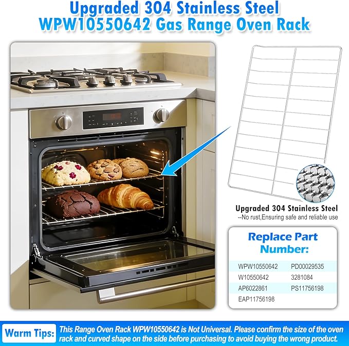 2x Upgraded 25"x15" WPW10550642 Oven Racks Replacement Compatible with Whirlpool Range Oven Shelf Stove Rack W10550642 EAP11756198 EAP11756198 304 Stainless Steel Oven Rack wfg320m0bs3 w/Oven Liner