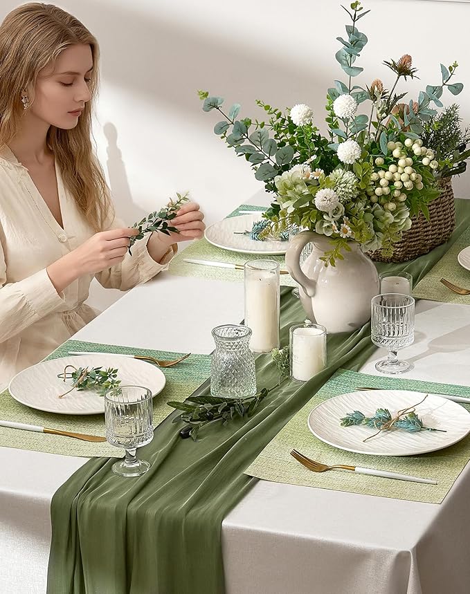 Leetaltree Gradient Green Woven Placemats Set of 24 - Heat Resistant Non-Slip Place mats for Dining Table, Washable Durable PVC Vinyl Woven Table Mats(Gradient Green, 24)