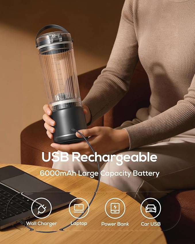 Sangcon Personal Portable Blender for Shakes & Smoothies, 6000mAh Cordless USB-C Rechargeable Blender with 2 Blend Modes, Leakproof Travel Lid, Dishwasher Safe, Ideal for Gym Office Kitchen, BPA-Free