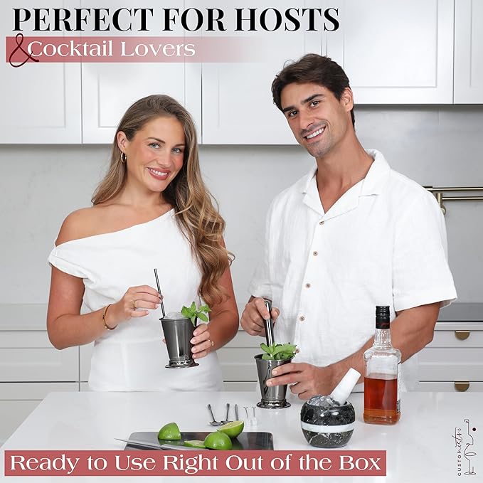 Gusto Nostro Mint Julep Cups Set of 2 - Stainless Steel Julep Cup Kit with Straws, Muddler, Spoon, Recipes, Vases - Southern-style Cocktail Glasses for Home Bar - Stainless Steel Cocktail Cups (Black)