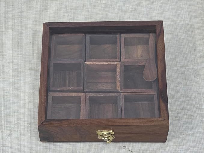 Wooden Spice Box with Glass Lid, 9 Compartment Masala Storage Container with Spoon, Hand Crafted Kitchen Organizer, 8x8 Inches