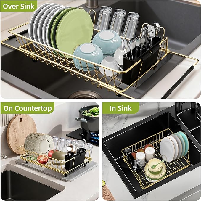 Golden Expandable Dish Drying Rack with Silicone Drying Mat-Extra Large Stainless Steel Dish Drainer Over The Sink with Utensil Holder, Applicable for Sink Width 16'-22' (Gold,23.2'*12.2')