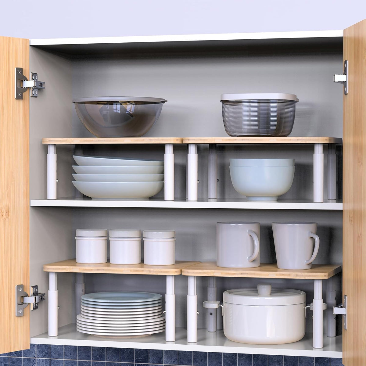 Cabinet Organizer Shelf, Spice Rack Set of 2 Kitchen Pantry Cupboard Shelves, Stackable, Height Adjustable, Natural Bamboo (11.7" Wx77.Dx6.57 H per Pack)