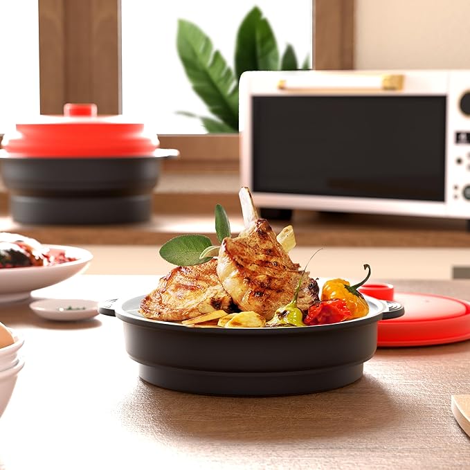 Microwave Steamer for Vegetables | Microwave Grill Pan & Steamer Bowl | Microwave Silicone Cookware | Microwave Popcorn Popper | Dishwasher Safe
