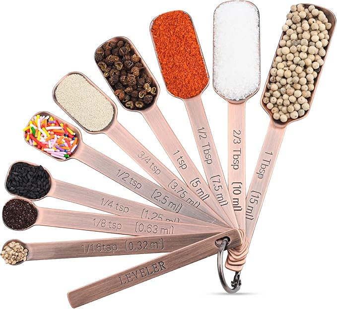 Copper Measuring Spoons Set 10, Stainless Steel Measuring Spoons for Kitchen & Baking, Long Handle Metric & US Metal Measure Spoon with 1/16tsp, 3/3tsp, 2/3tbsp for Spice Jar