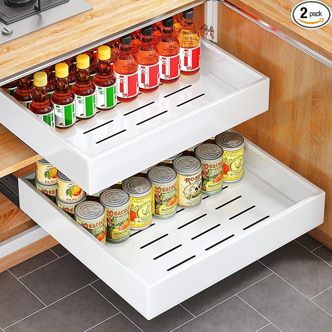 2Pack Pull out Cabinet Organizer, 21"Deep, 20"Wide Full-extension Heavy Duty Slide out Drawers Fixed with Adhesive Nano, Roll Out Shelves Sliding Cabinet for Kitchen,Bathroom,Pantry,Under Sink(White)