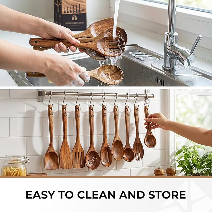 Wooden Spoons for Cooking – 10 Pcs Premium Teak Wooden Utensil Set with Hooks - Durable, Nonstick Safe, Easy to Clean & Heat Resistant with Ergonomic Handles