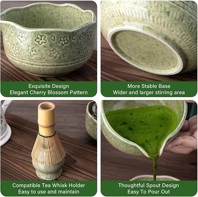ALBISS Matcha Whisk Set - 7 Pcs Ceramic Matcha Kit with 18oz Spout Bowl & Cherry Blossom Design, Bamboo Whisk & Holder, Scoop, Rest, Sifter, Towel, Elegant Japanese Tea Gift Set for Macha Lover, Green